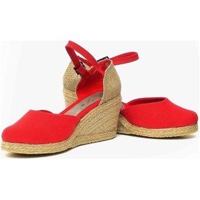 Resim Dolgu Topuk Keten Ön Düz Arka Hasır Sandalet Kırmızı Kırmızı 1298 