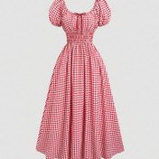 Resim Şık Sarı ve Beyaz Gingham Check Elbise, Puf Kollu ve Bağcıklı - Kare Yaka, Uzun Akışlı Tasarım Kadınlar İçin - Bahar/Yaz/Sonbahar İçin Mükemmel, Sevimli Elbise 
