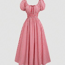 Resim Şık Sarı ve Beyaz Gingham Check Elbise, Puf Kollu ve Bağcıklı - Kare Yaka, Uzun Akışlı Tasarım Kadınlar İçin - Bahar/Yaz/Sonbahar İçin Mükemmel, Sevimli Elbise 