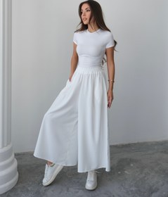 Resim Beli Lastikli Geniş Kesim Kloş Double Krep Pantolon Etek 5187 - Beyaz - Beyaz / L-XL 