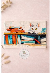Resim Kitap Kılıfı Ve Metal Kitap Ayracı Seti Kütüphanedeki Kedi 