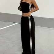 Resim Kadınların Y2K ilhamlı yazlık rahat iki parçalı seti - Yan çizgileri ve yüksek bel pantolonlu kolsuz crop top, siyah polyester, spor tarz, rahat kıyafet|Y2K Modası|Polyester Kumaş 
