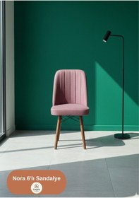 Resim Nora 6 Adet Sandalye - Keten Kumaşlı Sandalye Modern Ahşap Ayaklı Yemek & Çalışma Sandalyesi Minimal Tasarım Pembe 