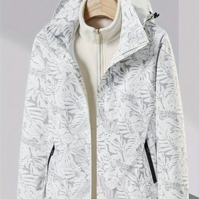Resim Kadınlar için 3'ü 1 arada Kapüşlu Rüzgarlık Ceket Fermuarlı Cebi ile - Şık Siyah ve Beyaz Yaprak Desenli, Sıcak Sonbahar/Kış Dış Giyim, Rahat Dış Giyim | Kapüşlu Rüzgarlık | Fermuarlı Cep 