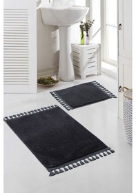 Resim Vl Yıkanabilir Premium Ponpon Saçaklı Kaymaz Taban Post Peluş Banyo Paspası 2'li Takım Antrasit Antrasit 