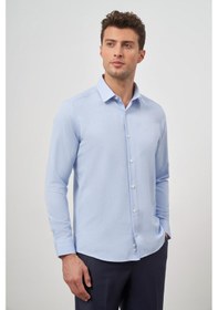 Resim İmza Mavi Uzun Kol Kendinden Desenli Armürlü 032 Sert Yaka Classic Slim Fit Gömlek 1004245151 Mavi 