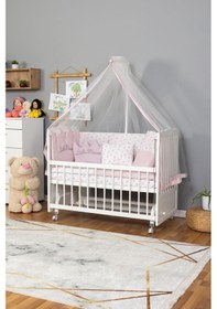Resim Ahşap Beşik Anne Yanı Beşik Beyaz 60x120 Pembe Prenses Kız Uyku Seti Yatak Tekerlekli Beyaz 