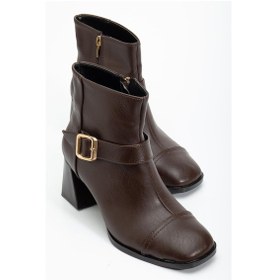 Resim Tpu Taban Kemer Toka Detaylı Fermuarlı Kadın Kahve Cilt Topuklu Bot Tbmr0162 Kahve Cilt 