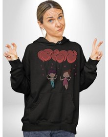 Resim Sevgili Balon Aşk Salıncak Sevgililer Günü Kadın Erkek Siyah Kapüşonlu Sweatshirt Hoodie Siyah 