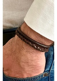 Resim Kalın Örgü Detaylı %100 Deri 2li Kahverengi Erkek Bileklik Set 21 Cm Türk El Üretimi Kahverengi 