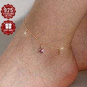 Resim Kadınlar için 1 adet şık 925 sterlin gümüş anklet, 2.02g - Pembe sentetik zirkonyumla birlikte deniz kaplumbağası ve denizyıldızı takıları bulunan, günlük giyim, plaj tatilleri ve bahar/sonbahar partileri için ideal, tatil takıları|Şık ayak takıları|Delikli zincir 