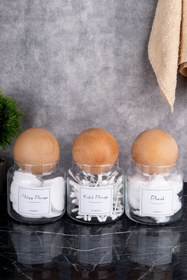 Resim DNS HOME 3'lü Cam Pamuk Seti Ahşap Kapaklı Kulak Pamuğu Makyaj Pamuğu Pamuk Organize Seti Saklama Kabı 