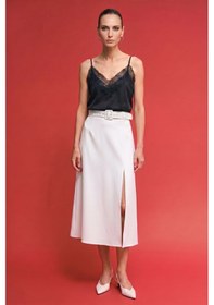 Resim Sateen Kemerli Yırtmaç Detaylı Kloş Etek - Ekru-137417 