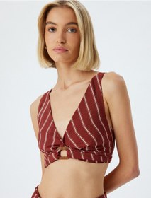 Resim Koton Koton X Melis Ağazat - Crop Büstiyer V Yaka Viskon Gipeli Slim Fit Kahverengi Çizgili 4sak30144ew 