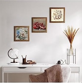 Resim Pinecone Allah Lafzı, Kelebekli Çiçek, Nar Taş Duvar Tablosu - Ahşap Çerçeveli Taş Tablo - 25x25 cm - 3 Parça Set - Dekoratif Duvar Sanatı - Modern Ev ve Ofis Duvar Dekoru W3-1152 