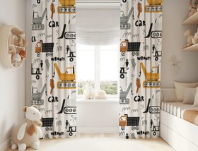 Resim Halı Vagonu HV226 Dozerli Kamyon Desen Çocuk Odası Kadife Kumaş Fon Perde - 140x280 / Tek Kanat 