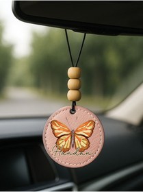 Resim Cekuonline Kişiye Özel İsim Yazılı 1.Sınıf Deri Ahşap Dekorlu Dikiz Aynası Süsü Pudra Pembe - Kelebek 