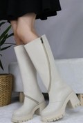 Resim Difolia Kadın Krem Cİlt Döner Fermuarlı 8 Cm Platform Topuklu Diz Altı Çizme 