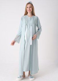 Resim Fitilli Sabahlıklı Dantelli Hamile Lohusa Gecelik Takımı - 2326 - Mint / XL / Terlik ve Taç Seti İstemiyorum 