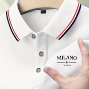 Resim Larsen OBM Erkekler için Milano Golf Gömleği - Kısa Kollu, Düğmeli Yaka, Nefes Alabilen Yaz Kumaşı, "MILANO ITALYA" Baskılı, Beyaz ile Kırmızı ve Mavi Çizgiler 