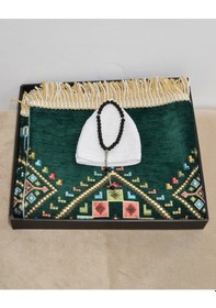 Resim Erkekler İçin Seccade Takke Tesbih Hediyelik Seti Kilim Desenli Kadife Astarlı Seccade, 33 Lü Erkek Tesbihi, Takke Ve Özel Kutu Yeşil 