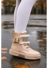 Resim Günlük Kız Çocuk Rugan Bot Fermuarlı Lastik Bağcıklı Kürk Ve Taş Detaylı Kaymaz Taban Bootie 391 Bej-rugan 