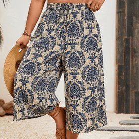 Resim Artı Boyutlu - Kadınlar için Artı Boyutlu Bohem Tarzı Çiçek Desenli Geniş Bacaklı Kırpılmış Pantolon - Yaz Tatili Stili, Bağcıklı Bel, Hafif Polyester Karışımı, Plaj ve Bahar Tatili için Mükemmel, Plaj Giyim|Çiçek Desenli Pantolon|Polyester Karışımı 