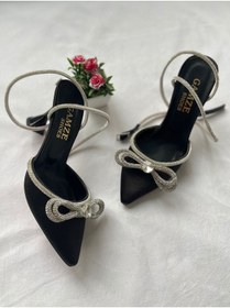 Resim Gamze Shoes Siyah Renk Saten Bilekten Bağlama Fiyonk Taşlı 