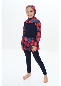 Resim My Kids Wear Üç Parça Kız Çocuk Haşema, Tesettür, Etekli, Kapalı Mayo Kırmızı - Lacivert 