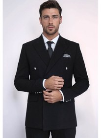 Resim Gümüş Düğmeli Slim Fit Kruvaze Siyah Erkek Takım Elbise Wessi Siyah 