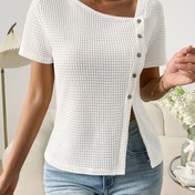 Resim Kadınlar için Hafif Nefes Alabilir Vaffle Düğmeli Asimetrik Yaka Günlük Üst - Esnek Polyester-Spandex Karışımı, Düz Renk, İlkbahar Yaz Sonbahar İçin Makinede Yıkanabilir 