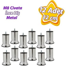 Resim 12 Adet Metal Destek Ayağı 12 Cm Krom Mobilya Kanepe Baza Koltuk Ünite Ayakları Metrik 8 Civatalı İnce Diş 