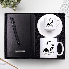 Resim Kişiye Özel Siyah Defter & Atatürk Portre Baskılı Kupa & Atatürk Portre Baskılı Fincan & Siyah Mat Renk Roller Kalem Hediye Seti 