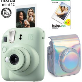Resim Fujifilm Instax Mini 12 Yeşil Fotoğraf Makinesi-20'li Film ve Parlak Kılıf Seti 