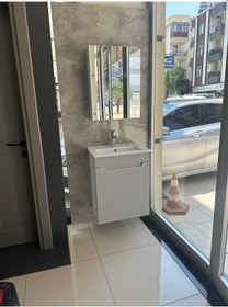 Resim Banyo Dolabı Aynalı Cnc İşlemeli Membran Kapaklı 55 Cm Gri 