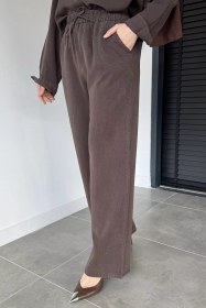 Resim Bel Lastikli Tensel Kumaş Tesettür Pantolon Kahve TZL-P-00021265 