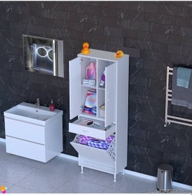 Resim Modilayn Yeni Afra 55x173x32,5cm 1 Çekmece, 1 Göz Sepet, 2 Kapak, 4 Raf Dar Alan Banyo Dolabı Beyaz 