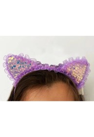 Resim Kenarları Dantelli Mor Pullu Payetli LED Işıklı Kedi Kulak Taç 17X19 cm 