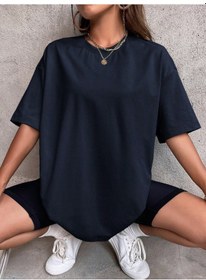 Resim Düz T-shirt - Lacivert Oversize Bisiklet Yaka Kısa Kol Tişört Lacivert 