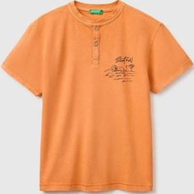 Resim United Colors Of Benetton Erkek Çocuk Turuncu Baskı Detaylı Düğmeli Yuvarlak Yaka T-shirt 6-14 Yaş -2853 