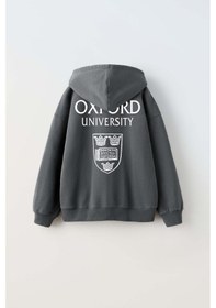 Resim Erkek Çocuk Oxford Modelli Kol Manşetli Pamuk Kapşonlu Sweat Füme 