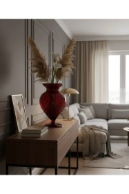 Resim Kardiya Kırmızı Renkli Optik Vazo - Tek Parça Dekoratif Cam Salon Vazosu Şeffaf 