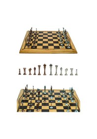 Resim Mc46 Büyük Boy Metal Satranç Takımı 37x37cm Doğal Ahşap Kayın Tahta El Yapımı Antik Metal Taşlar 