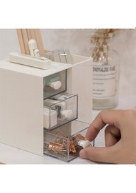 Resim Masaüstü Kalemlik Organizer 7 Bölmeli Kawaii Kapaklı Mini Çekmeceli Kalemlik - Beyaz Beyaz 