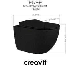 Resim Creavit Free Rim-Off Kanalsız Asma Klozet (FE322.SM) Mat Siyah + Duck Yavaş Kapanan Kapak Mat Siyah 2'li Set 