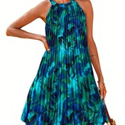 Resim Kadınlar için [Tatil Hazır] Kolsuz Halter Elbise - Canlı Soyut Baskı, Sırt Tokalı Pileli A Kesim Etek, Polyester, İlkbahar/Yaz Tatilleri için Mükemmel 