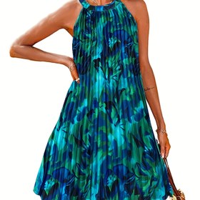 Resim Kadınlar için [Tatil Hazır] Kolsuz Halter Elbise - Canlı Soyut Baskı, Sırt Tokalı Pileli A Kesim Etek, Polyester, İlkbahar/Yaz Tatilleri için Mükemmel 
