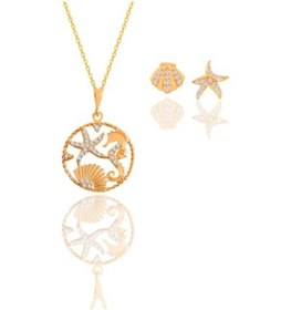 Resim Gümüş Rose Zirkon Taşlı Deniz Şans Kolye Ve Küpe Ikili Set 