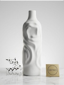 Resim Dalgalı Dekoratif Vazo Seramik Şık Vazo El Ypımı Özel Seri 35 Cm Beyaz 