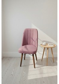 Resim Nora 6 Adet Sandalye - Keten Kumaşlı Sandalye Modern Ahşap Ayaklı Yemek & Çalışma Sandalyesi Minimal Tasarım Pembe 